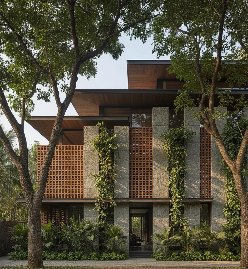 OPergola with jali screen shading and vines outside Coimbatore home window